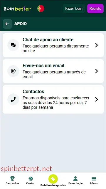 Apoio ao cliente da SpinBetter Portugal