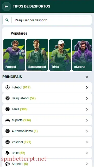 Lista de desportos disponíveis na SpinBetter