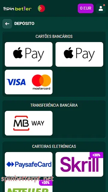 Métodos de depósito na SpinBetter Portugal